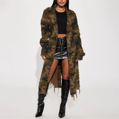 MALYBGG Women's Camouflage Long Trench Coat with Belt and Ripped Holes ZZ-27774