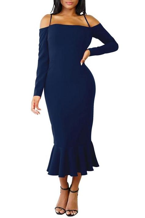 MB FASHION Off-Shoulder Mermaid Midi Dress with Long Sleeve Strap Deta | MB Fashion Wholesale MB FASHION Off-Shoulder Mermaid Midi Dress with Long Sleeve Strap Deta | MB Fashion Wholesale