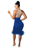 MB FASHION Embellished Halter Feather Trim Bodycon Party Dress 7853 LAST S