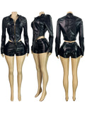 MB FASHION Cropped Faux Leather Zip Jacket & Mini Shorts Set 5102