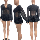 MB FASHION Sheer Mesh Long Sleeve Corset Romper with Tiered Ruffles 8207
