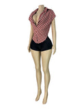 MB FASHION Short Sleeve Collared Plaid Button-Up Top 6017