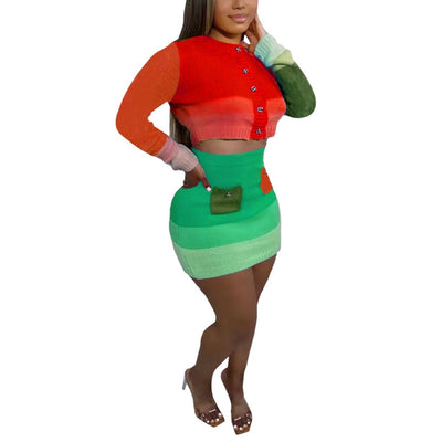 MB FASHION Gradient Striped Cropped Cardigan and Skirt 2 PCS SET 1233LY