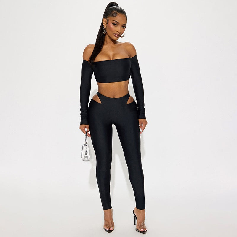 MB FASHION Off-Shoulder Long Sleeve Crop Top & Cutout High-Waist Leggings Set 318