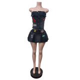 MB FASHION Denim Tube Top & Pleated Mini Skirt Set with Patches 88656