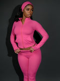 MB FASHION Three-Piece Activewear Zip-Up Set with Headband 5088