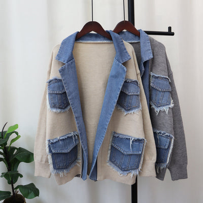 MALYBGG New Trendy Women's Knitted Cardigan: Denim Patchwork, Loose & Versatile ZZ-27750