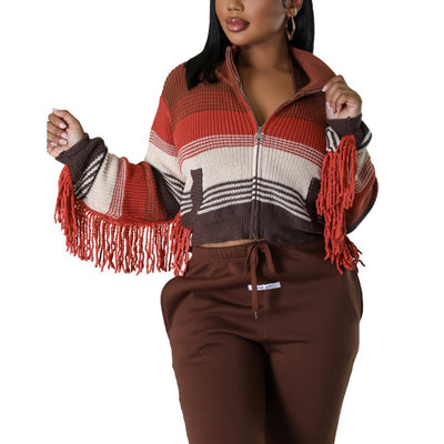 MB FASHION Cropped Fringe Knit Jacket with Striped Pattern 1092LY