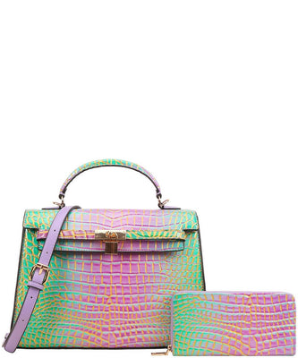 EVERY FASHION Croc Embossed Structured Handbag with Matching Wallet CJ-9168W