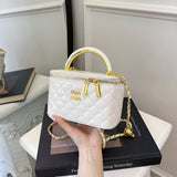 Every Fashion Quilted Patent Box Handbag with Top Handle and Chain Strap