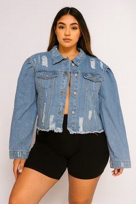 EVERY FASHION (ASIAN SIZED) Distressed Cropped Denim Jacket with Raw Hem 911