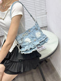 EVERY FASHION Denim Ruffle Bag – Upcycled Jean Shoulder Bag with Rhinestone Glasses Charm