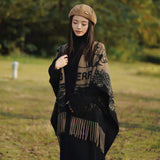 Every Fashion Fringe Hem Graphic Knit Poncho Wrap
