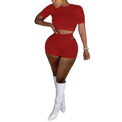 MB FASHION Crisscross Waist Crop Top and Shorts Activewear Set 8223R XL