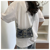 EVERY FASHION Distressed Denim Multi-Pocket Shoulder Bag with Hardware Details