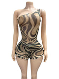 MB FASHION One-Shoulder Mesh Top & Ruffle Hem Shorts Set 1475