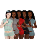 MB FASHION Waffle Knit Short Sleeve Hooded Zip-Up Crop Top & Shorts 2 PCS SET