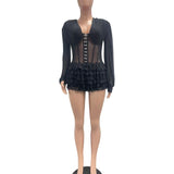 MB FASHION Sheer Mesh Long Sleeve Corset Romper with Tiered Ruffles 8207