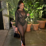 MB FASHION Long Sleeve Sheer Mesh Lace Detail Jumpsuit 011