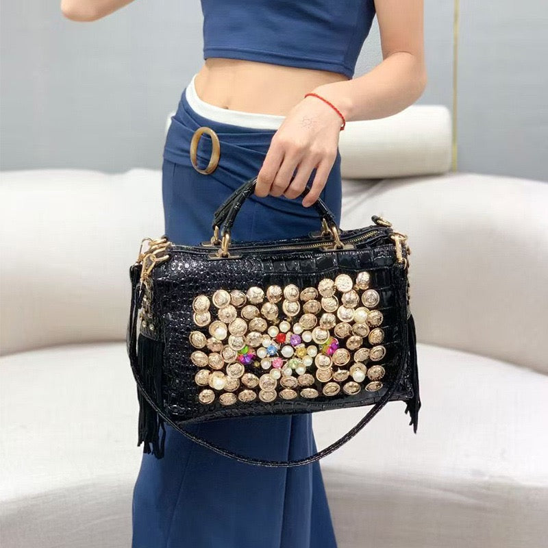 EVERY FASHION Crocodile Embossed Barrel Bag