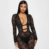MB FASHION Sheer Floral Lace Long Sleeve Jumpsuit 652