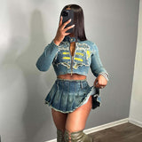 MB FASHION Distressed Denim Crop Jacket and Pleated Mini Skirt Set 8088LY