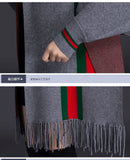 Every Fashion Elegant Fringe Trim Poncho Wrap with Classic Stripe Accent