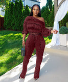 MB FASHION Ruched Off-Shoulder Top & High-Waist Flared Pants Set 9532