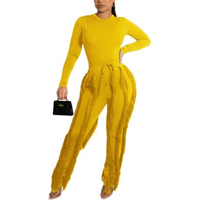 MB FASHION Long-Sleeve Fringe Detailed Top and High-Waisted Pants Set 223LY