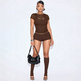 MB FASHION Sheer Mesh Short Sleeve Crop Top & High-Waisted Shorts Set 559