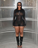 MB FASHION Sexy Black Sheer Long Sleeve Bodysuit Romper 1475