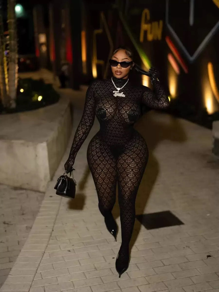 MB FASHION Sexy Black Floral Lace Full-Body Catsuit Jumpsuit 1473