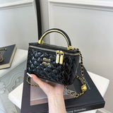Every Fashion Quilted Patent Box Handbag with Top Handle and Chain Strap