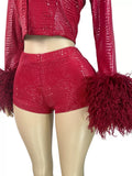 MB FASHION Faux-Fur Trim Cropped Jacket and Shorts Set 5073
