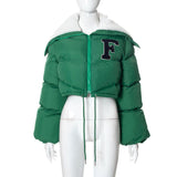 MB FASHION Letter Patch Cropped Puffer Jacket with Fleece Collar 392