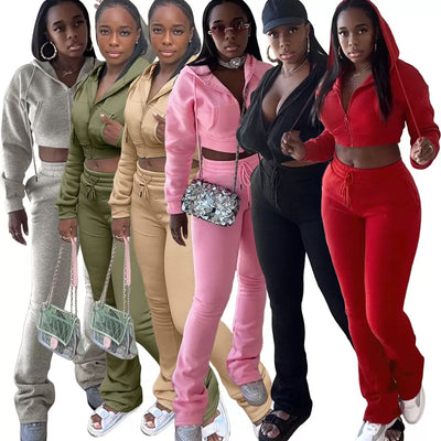 MB FASHION Cropped Zip-Up Hoodie and Flare Sweatpants Lounge Set 5057