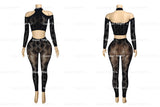 MB FASHION Black Geometric Mesh Cold-Shoulder Crop Top & High-Waist Leggings Set 7118