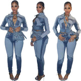 MB FASHION Two-Piece Zip-Up Denim Jacket and High-Waist Jeans Set 8196