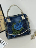 EVERY FASHION Denim Rhinestone Embroidered Floral Handbag