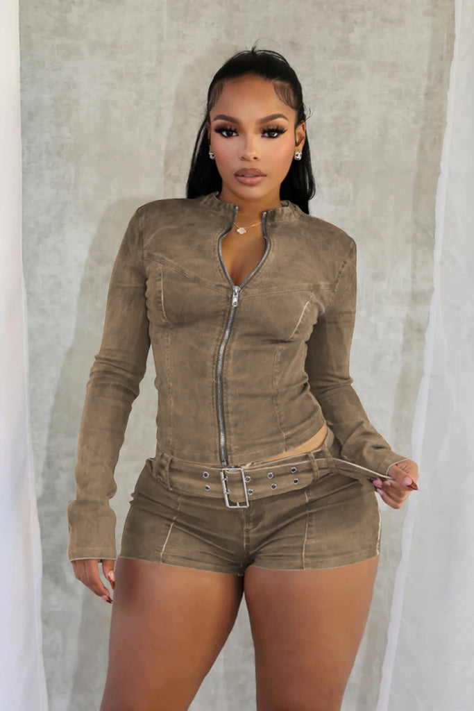 MB FASHION Long Sleeve Zip-Up Denim Jacket & High-Waisted Shorts Set 88616