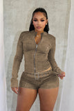 MB FASHION Long Sleeve Zip-Up Denim Jacket & High-Waisted Shorts Set 88616