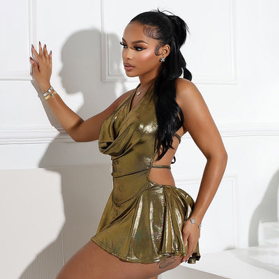 MB FASHION Metallic Halter Cowl Neck Mini Dress 675