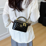Every Fashion Quilted Patent Box Handbag with Top Handle and Chain Strap