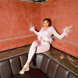 MB FASHION Feather Trim Sheer Jumpsuit Set 65