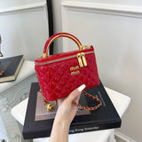 Every Fashion Quilted Patent Box Handbag with Top Handle and Chain Strap