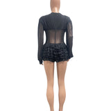 MB FASHION Sheer Mesh Long Sleeve Corset Romper with Tiered Ruffles 8207