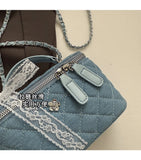 EVERY FASHION Light Blue Quilted Mini Handbag Charm – Chain Strap Kawaii Crossbody Purse with Lace Bow