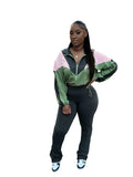 EVERY FASHION Color-Block Cropped Jacket and High-Waist Flare Pants Set MB 4060LY