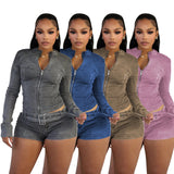 MB FASHION Long Sleeve Zip-Up Denim Jacket & High-Waisted Shorts Set 88616