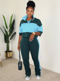 MB FASHION Two-Piece Colorblock Polo Crop and Flare Set 6036